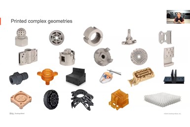 A screencap of a webinar from Desktop Metal's August 10, 2021 webinar with MMS. A video of presenter Ethan Rejto is in the corner, while the main presentation depicts a variety of metal and polymer AM parts