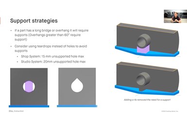 A screencap of a webinar from Desktop Metal's August 10, 2021 webinar with MMS. A video of presenter Ethan Rejto is in the corner, while the main presentation shows examples of unoptimized parts requiring supports and optimized parts with ribs or teardrop-shaped holes