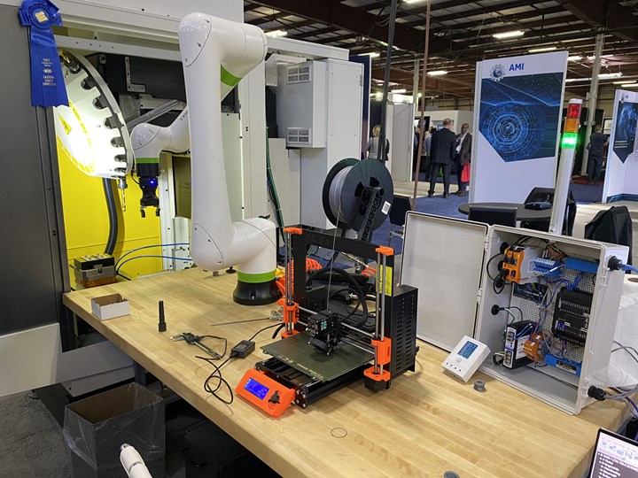 A demonstration of IIoT at Eastec involves data exchange among a 3D printer, a milling machine and a collaborative robot. 