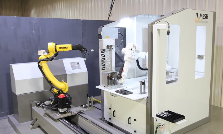 Two robot arms, one for machine tending and one for deburring, inspection, and other tasks, are configured in an automated cell for the production of engine piston components. 