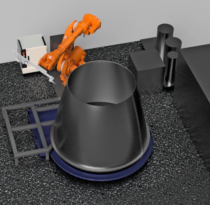 A 3d model depicts an electric discharge machining (EDM) drilling system that replace an enclosed machine tool with a 6-axis robot arm that directly manipulates the electrode. 