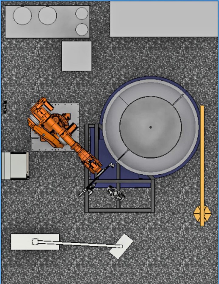 A 3d model depicts an electric discharge machining (EDM) drilling system that replace an enclosed machine tool with a 6-axis robot arm that directly manipulates the electrode. 