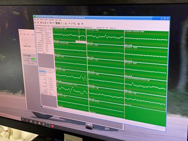 Line graphs on a green background display probe results in near-real time on a shopfloor monitor at Lowell Inc. 
