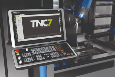 A press photo of Heidenhain's TNC7 next to a machine