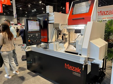 Mazak's Syncrex Swiss-type machine features both a sliding door and a folding overhead door to maximize the operator's access to the workzone