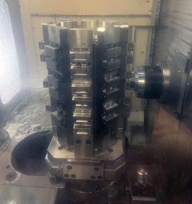 A photo of a tombstone in use with a horizontal machining center