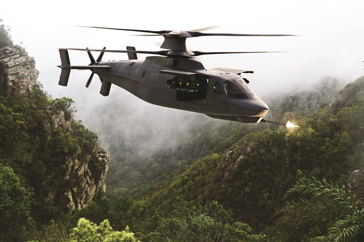 An artist's rendering of the Raider X depicts the helicopter firing a machine gun against a backdrop of forested hills. 