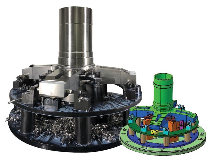 A helicopter rotor hub is juxtaposed against its digital twin -- a virtual representation of both the helicopter component and the fixturing that holds it on the machine tool table.
