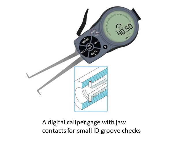 A digital caliper gage with jaw contacts for small ID groove checks
