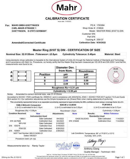 A sample calibration certificate.