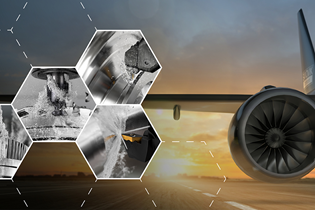 honeycomb with photos on the left side with a plane engine on the right side 
