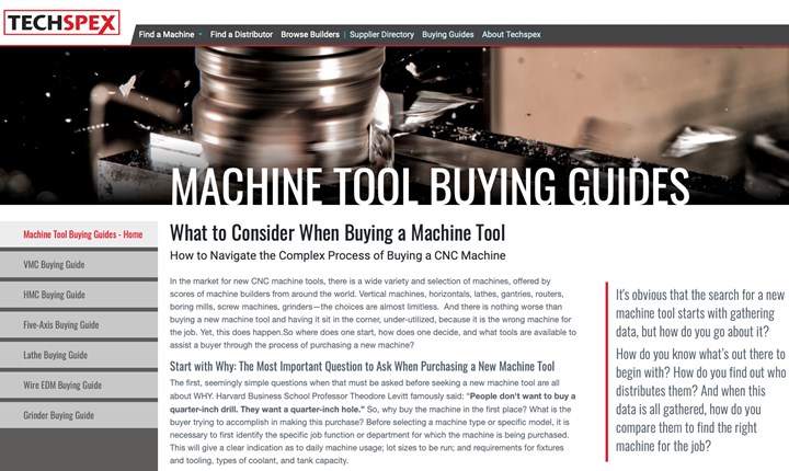 a screenshot of the buying guide section on techspex dot com, a site for machine tool research