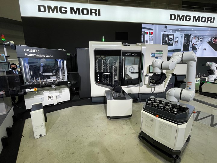 DMG MORI’s booth showcased several emerging metalworking technologies, including WH-AMR guide-less self-driving robots and a Haimer Automation Cube.