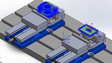 Applying CNC programming routines while in the CAD system's assembly mode and enables Hamilton to work out the details for effective workholding and safe tool paths at the same time.  Here, two sides of a vacuum adapter part have been programmed for a multi-step setup.