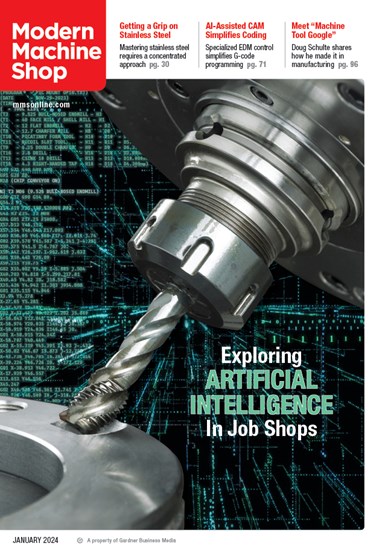 The January 2024 cover of Modern Machine Shop shows a machine tool spindle against a futuristic background of green computer code