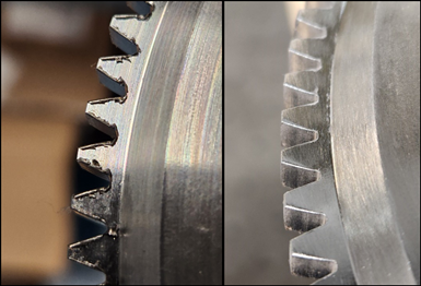 APS Labs before-and-after image of gear teeth that have been deburred