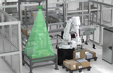 A mockup of a robot and a vision system in a warehouse.