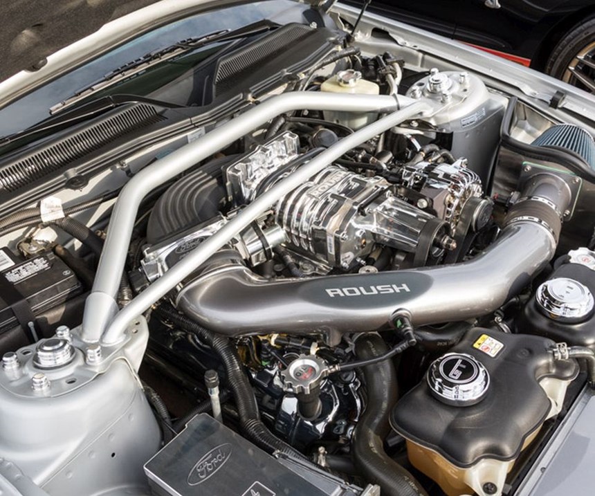 Gleaming engine of a Ford Mustang GT