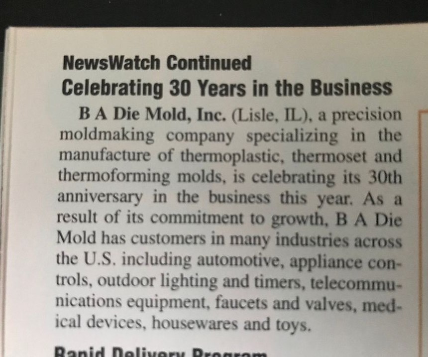 News clip about B A Die Mold, Inc.'s 30th anniversary