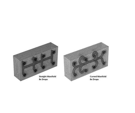 Simulation showing manifold CAD modules for straight and curved designs.