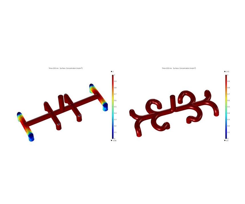 simulation showing images depict surface concentration at 200 milliseconds simulated time for straight (left) and curved (right) manifold design