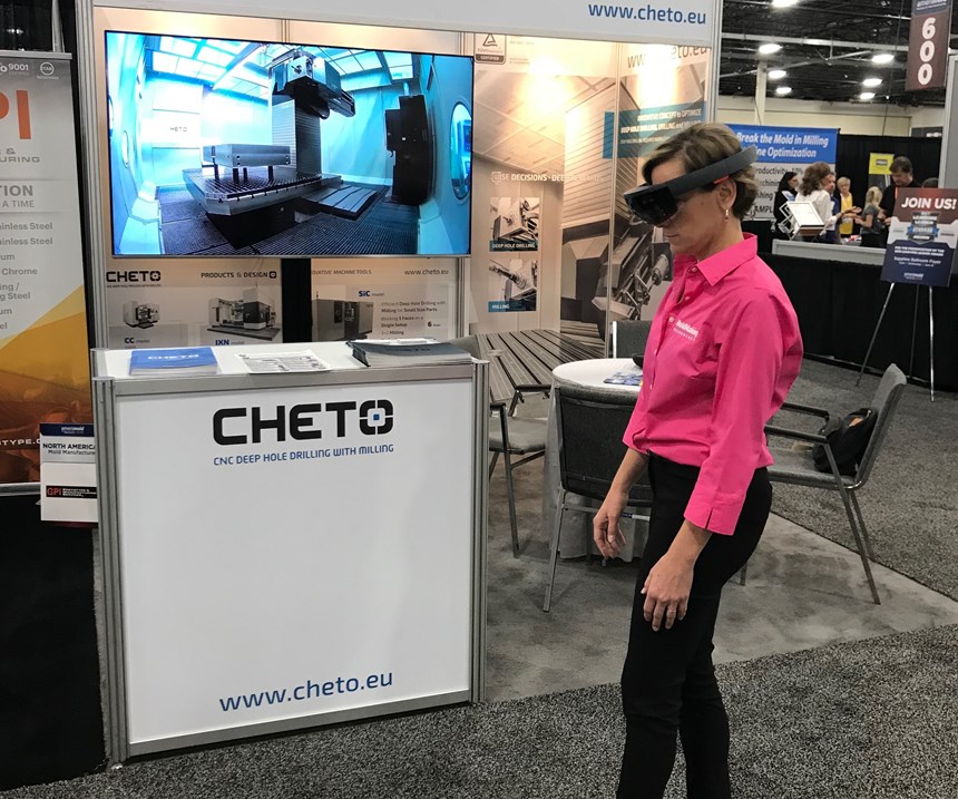 MMT Editorial Director Christina Fuges taking a “virtual” tour of Cheto’s deep hole drilling/milling machine