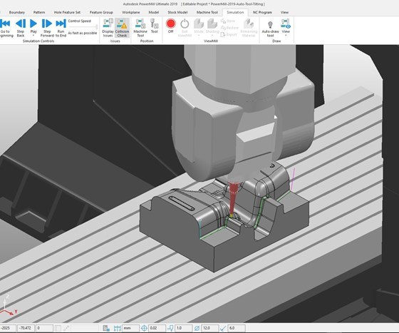 Autodesk Powermill screenshot showing automatic tool tilting