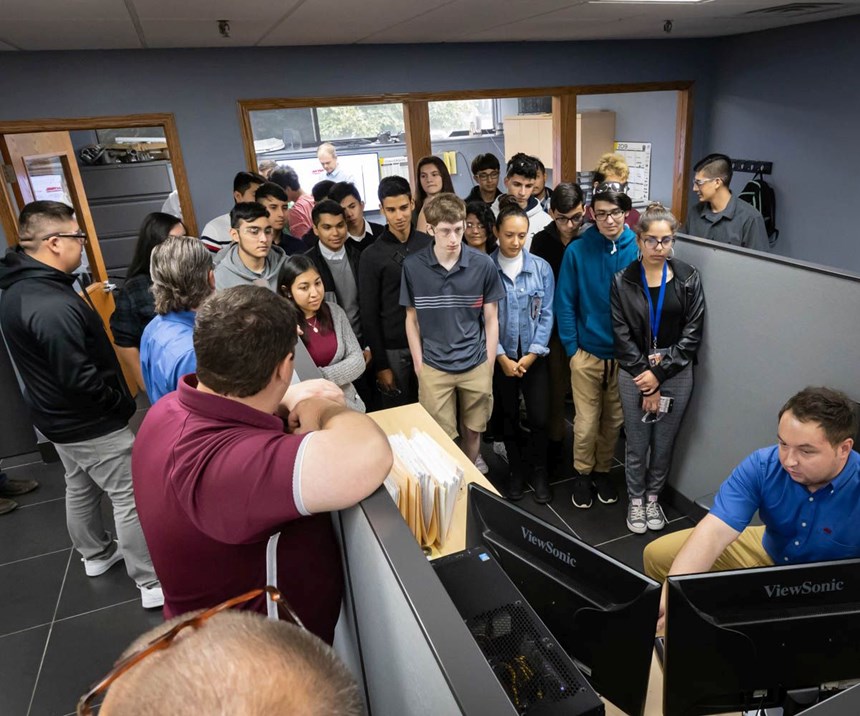 Students watching mold design at A-1 Tool Corp. on MFG Day 2019