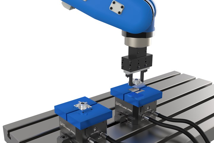 Jergens 130-mm double-acting hydraulic vise is shown here in an automated application.