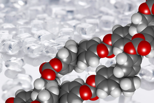 digital render of a chemical structure over an image of clear, plastic pellets