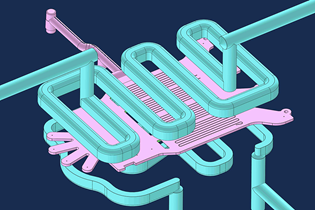 digital render of a part (in pink) with conformal cooling (in teal)