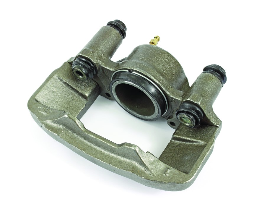 A brake caliper made of cast iron.