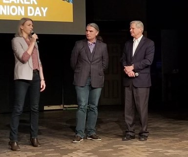 From left, Elinor CEO Holly Anderson and CTO Dante Battocchi with  U.S. Senator John Hoeven.