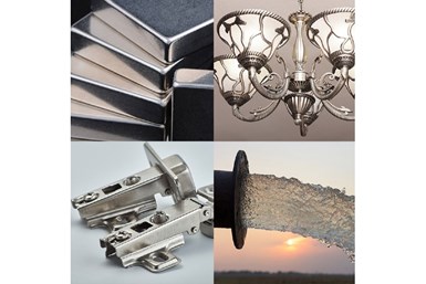 A collage of nickel-plated items finishers would use TechniBuffer IG with, as well as a drainage system to represent the cleaner water that results from using the buffer