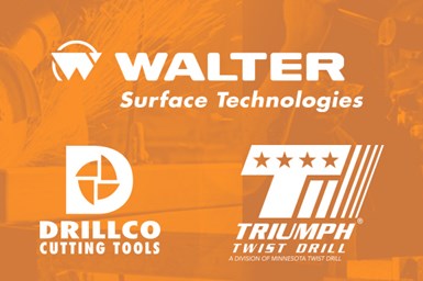 A decorative collage showing the logos of Walter, Drillco and Triumph