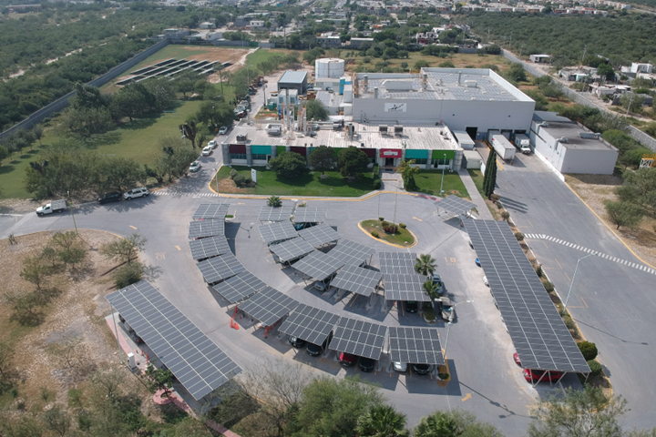 an aerial photo of AkzoNobel facility with solar panels