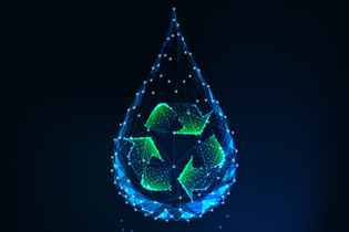 illustration of a water droplet with low-polygon overlay with a recycle symbol of three chasing arrows in green inside the droplet on a background of navy