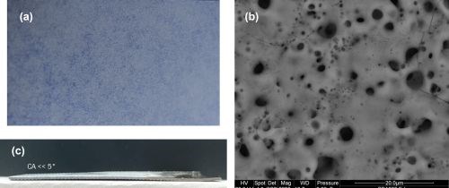 Figure 11 - (a) optical and (b) SEM images of the 15-micron PEO surface on T1-titanium alloy from the Raman spectra study; (c) hydrophilic properties of the surface.