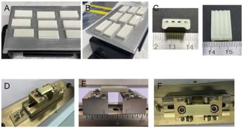 Figure 1 - (A) and (B): 3D printed flat tube design SOFCs with pure resin shown on the printed built plate; (C) Optical images showing the channels inside the support (L) and the cross-section print showing the profile of the channels inside (R); (D) thru (F): Various views of one of the samples on the flexure test fixture.