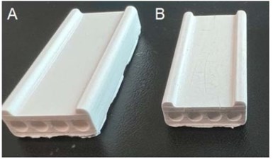 Figure 3 - (A) Green body 3D-printed 3YSZ anode support with integrated channels; (B) results of the first sintered samples.
