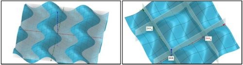 Figure 1 - Parametric surface of equation (1) (left) and bounded region of corrugation period by crosswave period (right).