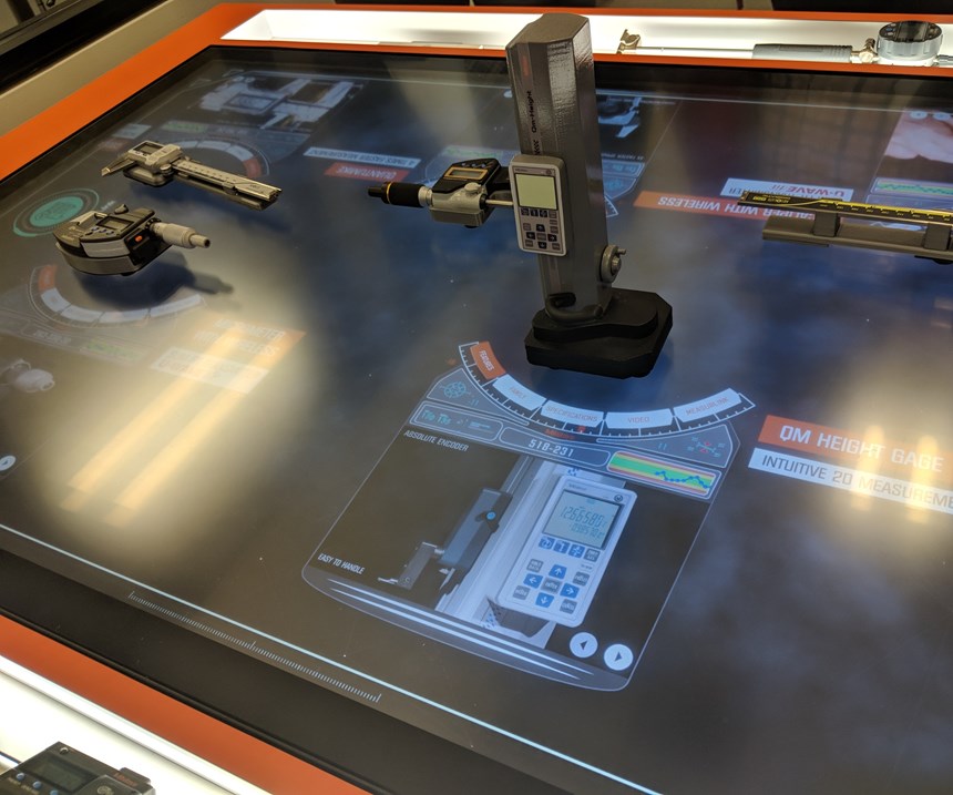 Interactive table with micrometers, calipers and a model height gage
