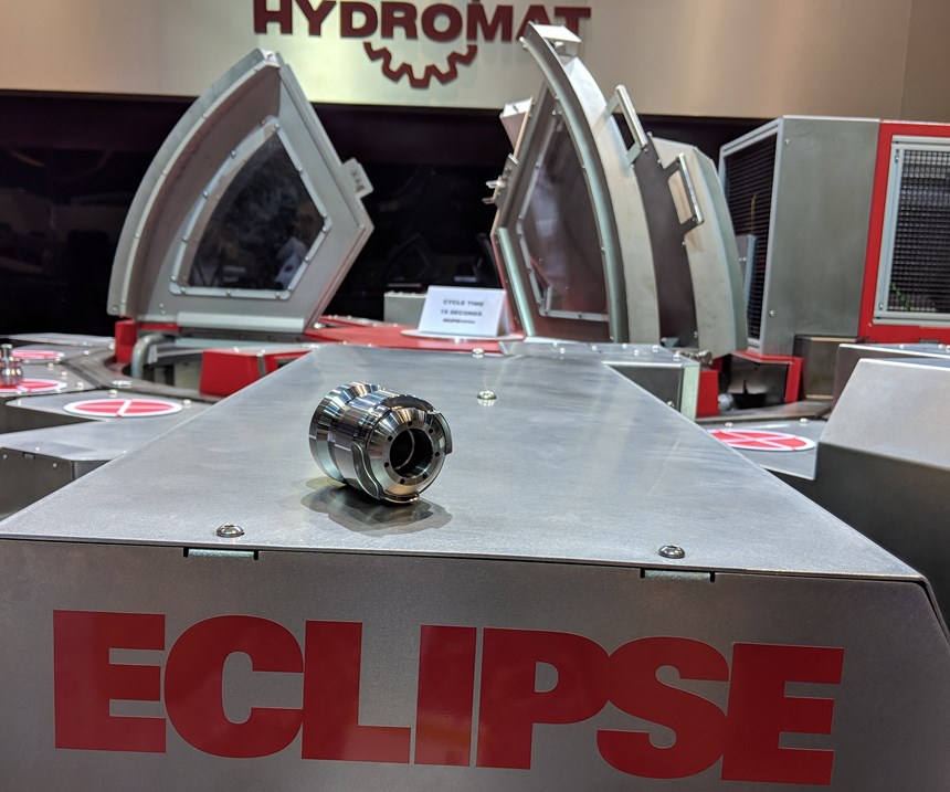 Hydromat’s Eclipse 12-station rotary transfer machine with a part produced on it