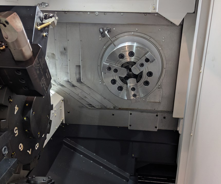 One of the front-facing spindles in Okuma’s 25P 2500H lathe  