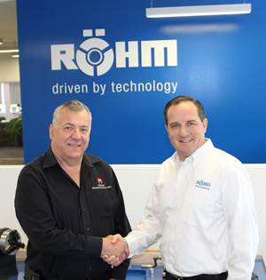 two men shaking hands in front of a Rõhm sign