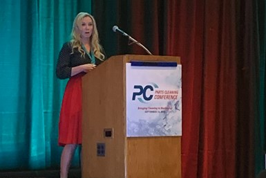 Clariant’s Stephanie Cole addresses attendees at PCC 2022. Photo Credit: Gardner Business Media