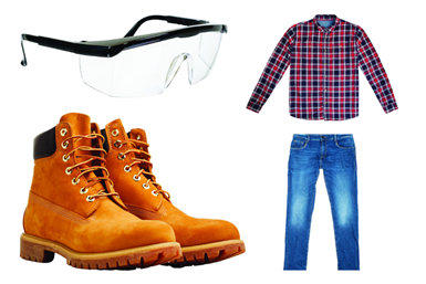 Safety glasses, boots, plaid shirt, blue jeans
