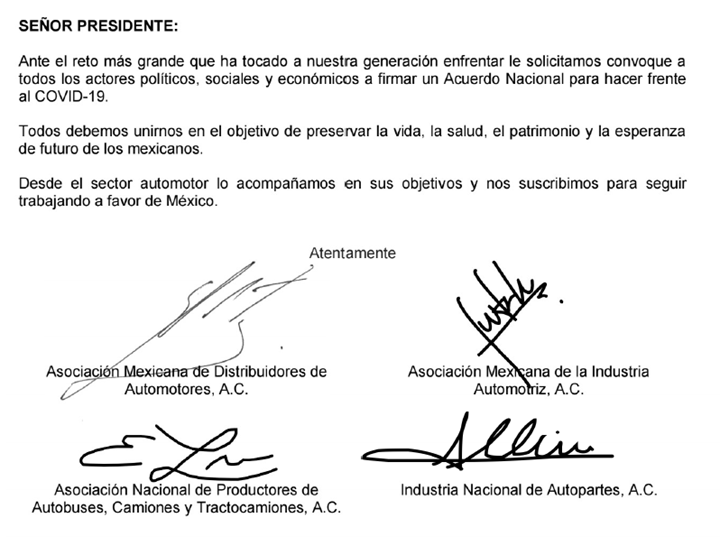 Aparte del comunicado de las asociaciones de la industria automotriz enviado al Presidente de México.