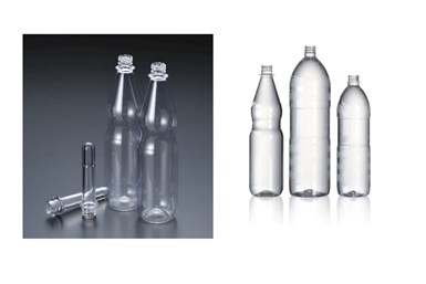 Botellas de PET retornables y rellenables de 1 litro demostradas en Drinktec 2022, junto con preformas desarrolladas.
