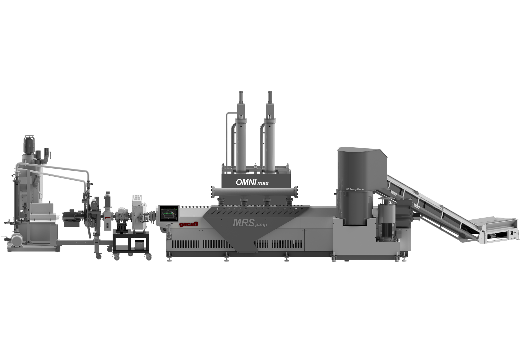 Máquina de reciclaje Gneuss OMNImax con sistema de extrusión MRSjump, sistema de filtración rotativa y alimentador rotativo 3C.